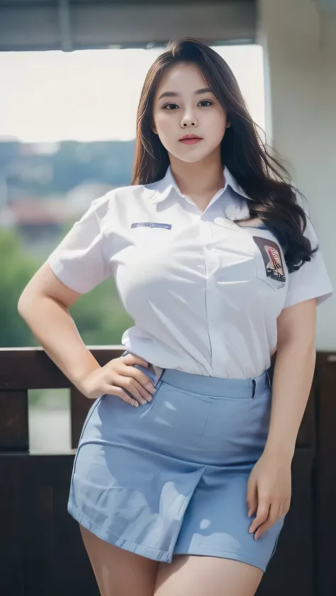 1girl, solo, 19 years old, (uniform), detailed Metropolitan city at the background, portrait, thick breasts, semi-curvy body, smooth realistic skin, white shirt, grey blue short skirt, looking at the audience, cowboy shot,(8k, RAW photo, best quality, mast...