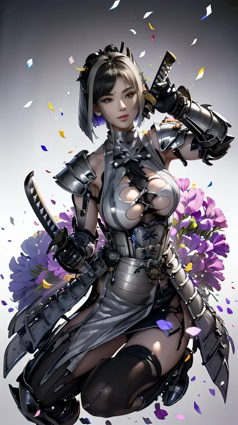 young woman,1 person,Oiran,(wielding a katana with great force:1.6), very detailedな, realist,(seductive smile),(),(),(battle pose:1.8), Brilliant Appearance ,extremely detailed, Imaginative,sensual ,Best Quality, skin texture,(bob cut:1.8),(black hair:1.8...