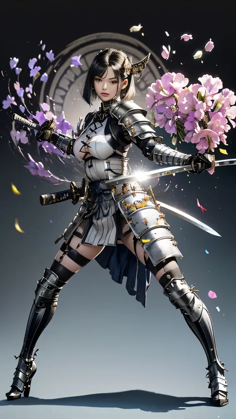 young woman,1 person,Oiran,(wielding a katana with great force:1.6), very detailedな, realist,(seductive smile),(full body:1.6),(from front:1.6),(battle pose:1.8), Brilliant Appearance ,extremely detailed, Imaginative,sensual ,Best Quality,  skin texture,(b...