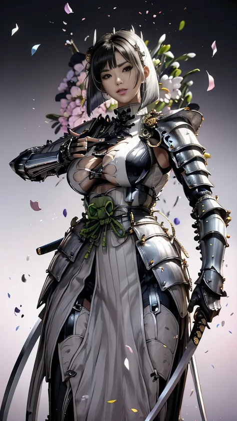 young woman,1 person,Oiran,(wielding a katana with great force:1.6), very detailedな, realist,(seductive smile),(),(),(battle pose:1.8), Brilliant Appearance ,extremely detailed, Imaginative,sensual ,Best Quality, skin texture,(bob cut:1.8),(black hair:1.8...