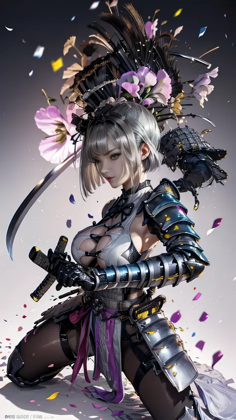 young woman,1 person,Oiran,(wielding a katana with great force:1.6), very detailedな, realist,(seductive smile),(),(from front:1.8),(battle pose:1.8), Brilliant Appearance ,extremely detailed, Imaginative,sensual ,Best Quality, skin texture,(bob cut:1.8),(...