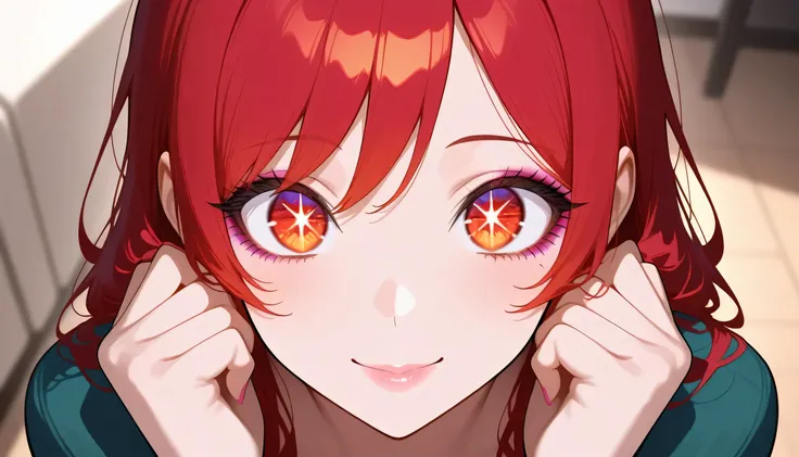 Masterpiece, best quality, newest, absurd, high resolution, Passion reflected in the eyes, in the beauty that shines brighter than the stars, bright colors, sweet makeup, red hair, red hair, only beautiful face, big eyes, mommy, milf, big eyes, symmetrical