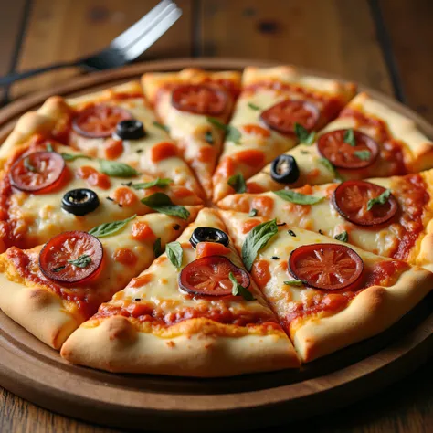 image of a pizza full toppings. The subject should be clearly visible and centered or composed according to the rule of thirds, depending on the concept. The image must be sharp and in focus, with no blur unless motion blur is intentional. Avoid excessive ...
