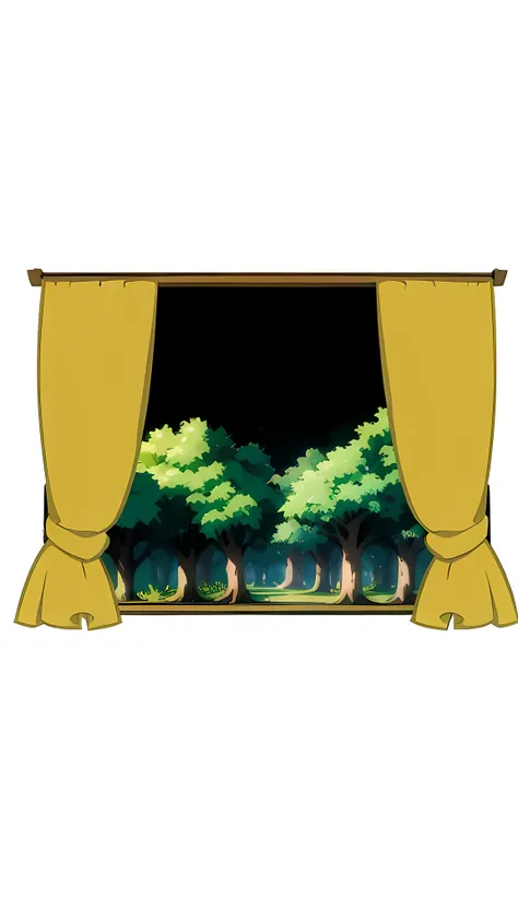 a picture of a window with a curtain and trees outside, forest scenery, forest in the background, forest in the background, behind a forest, forest outside , forest scenery, scene inside the forest , trees in the background, theatrical scenery , forest i...