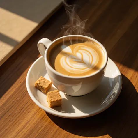 glass of coffee,high quality,professional,photorealistic,8K,detailed,intricate,warm lighting,ceramic mug,steaming hot coffee,cream swirls,brown sugar cubes,wooden table surface,morning sunlight,soft shadow,muted color palette,oil painting