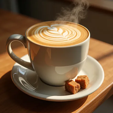 glass of coffee,high quality,professional,photorealistic,8K,detailed,intricate,warm lighting,ceramic mug,steaming hot coffee,cream swirls,brown sugar cubes,wooden table surface,morning sunlight,soft shadow,muted color palette,oil painting