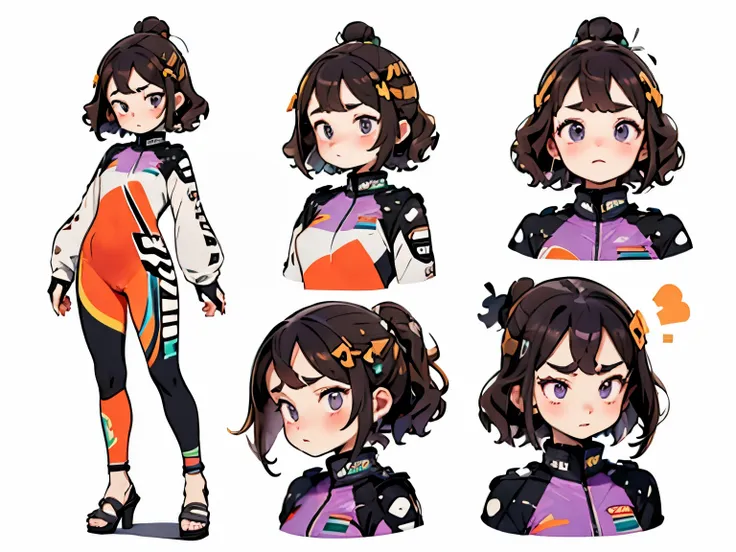 This character's base color is purple. ((Front, side, back, whole body, expressions of joy, anger, sadness, and happiness)), all-white background, girl, Japanese, around 20 years old, (((purple-based racing suit, racing suit goes all the way to the toes)),...