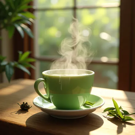 a cup of green tea, steam rising, on a wooden table, surrounded by fresh tea leaves, sunlight filtering through window, calming atmosphere, realistic, photorealistic, 8K, HDR,masterpiece,ultra-detailed,physically-based rendering,professional,vivid colors,b...