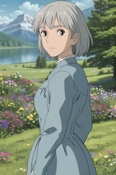 upper body, (best quality), (masterpiece), (solo), 1girl, grey hair, brown eyed, medium length hair, blue dress, grass, flowers, lake, trees, mountains, sunny, looking at viewer