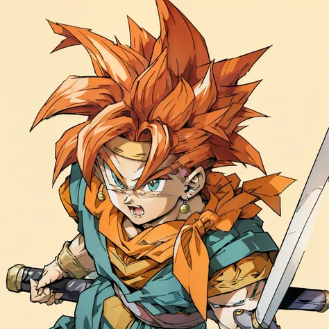 a drawing of a young redhead holding a sword, crono, portrait crono, crono trigger, crono trigger guilty gear style, Akiri Toriyama, dragon ball character, Akira Toriyama, Akira Toriyama style, super dear, shikanosuke yagaki, dragon ball concept art , Tsu...