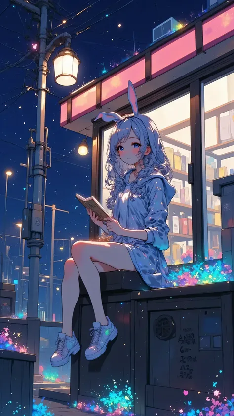 A stylish girl sitting outside a Tokyo convenience store at night, reading a book under a streetlight, wearing a hoodie and skirt, light breeze, quiet urban vibe --v 5 --ar 4:5 --style moody