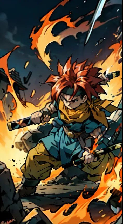 (masterpiece, cartoon, solo, 1boy, Crono_CT blue tunic, white headband, orange neckerchief, red hair, spiked hair, holding sword, (fighting stance:1.3), action scene, dynamic pose, fire sword, serious look)
