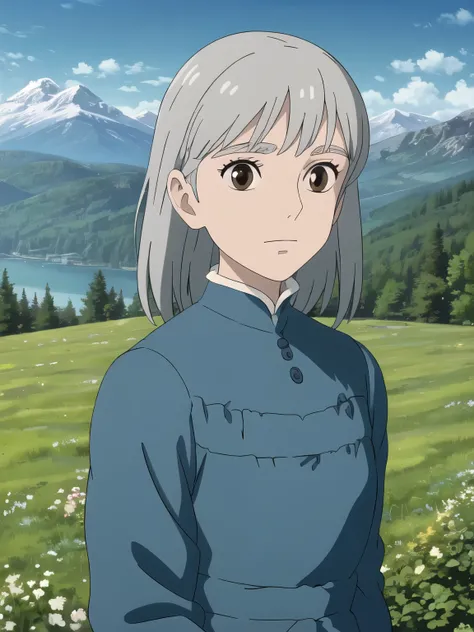 upper body, (better quality), (masterpiece), (Seul), 1girl, gray hair, brown eyes, medium length hair, robe bleue, herbe, , lac, arbres, Montagnes, sunny, regarde le spectateur