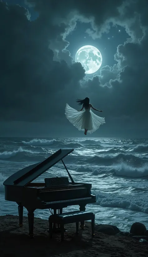 An hyper-realistic dark fantasy night scene viewed from the shoreline, depicting a vast, stormy sea with rolling waves under a pitch-black and deep midnight blue sky. Heavy, fragmented clouds obscure most of the stars, allowing only faint glimmers of silve...
