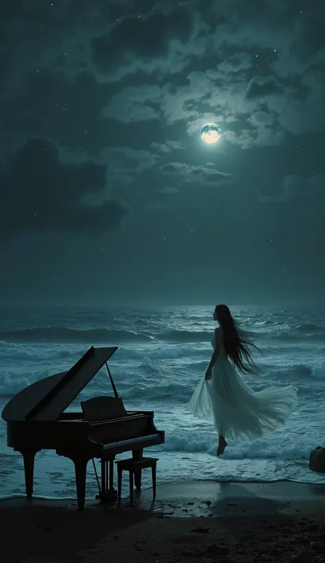 A dark fantasy night scene viewed from the shoreline, depicting a vast, stormy sea with rolling waves under a deep, infinite sky. The darkness is profound, but faint silver stars pierce through the shadows, scattered in different intensities—some barely vi...