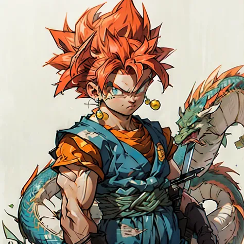 a drawing of a young redhead holding a sword, crono, portrait crono, crono trigger, crono trigger guilty gear style, Akiri Toriyama, dragon ball character, Akira Toriyama, Akira Toriyama style, super dear, shikanosuke yagaki, dragon ball concept art , Tsu...