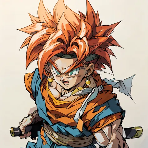 a drawing of a young redhead holding a sword, crono, portrait crono, crono trigger, crono trigger guilty gear style, Akiri Toriyama, dragon ball character, Akira Toriyama, Akira Toriyama style, super dear, shikanosuke yagaki,  dragon ball concept art , Tsu...