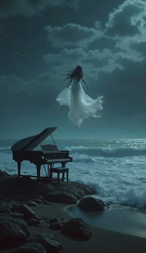 An hyper-realistic dark fantasy night scene viewed from the shoreline, depicting a vast, stormy sea with rolling waves under a deep, infinite sky. The darkness is profound, but faint silver stars pierce through the shadows, scattered in different intensiti...