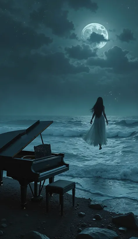 An hyper-realistic dark fantasy night scene viewed from the shoreline, depicting a vast, stormy sea with rolling waves under a deep, infinite sky. The darkness is profound, but faint silver stars pierce through the shadows, scattered in different intensiti...