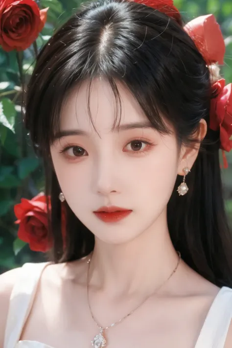 ( masterpiece, highest quality:1.2), 8,000, 85 mm, original photo, confuse, hair, pink dress, Delicate girl,Shiny Skin, , watching the audience, HDR, clear focus, Shiny Skin, small eyes and face , Rose background, Surrounded by roses、earrings、 necklace、c...