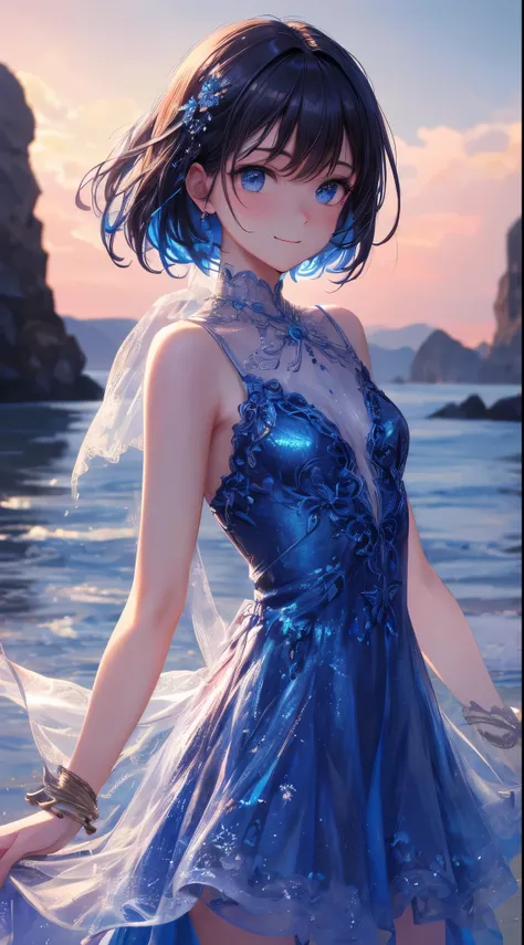 art by Cornflower,(master piece),(4k),high quality,(perfect anatomy),((arms behind back)),flat chest,1girl,beautiful blue hair,pale skin,beautiful smile,beautiful detailed blue eyes,light blue dress,multilayered outfit, (Highly detailed elegant), Magical c...