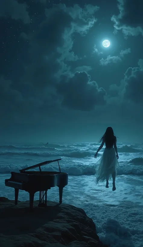 A dark fantasy night scene viewed from the shoreline, depicting a vast, stormy sea with rolling waves under a deep blue, infinite sky. The darkness is profound, but faint silver stars pierce through the shadows, scattered in different intensities—some bare...