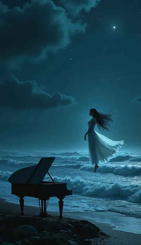 A dark fantasy night scene viewed from the shoreline, depicting a vast, stormy sea with rolling waves under a deep blue, infinite sky. The darkness is profound, but faint silver stars pierce through the shadows, scattered in different intensities—some bare...