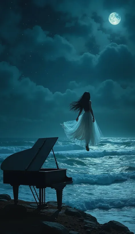 A dark fantasy night scene viewed from the shoreline, depicting a vast, stormy sea with rolling waves under a deep blue, infinite sky. The darkness is profound, but faint silver stars pierce through the shadows, scattered in different intensities—some bare...