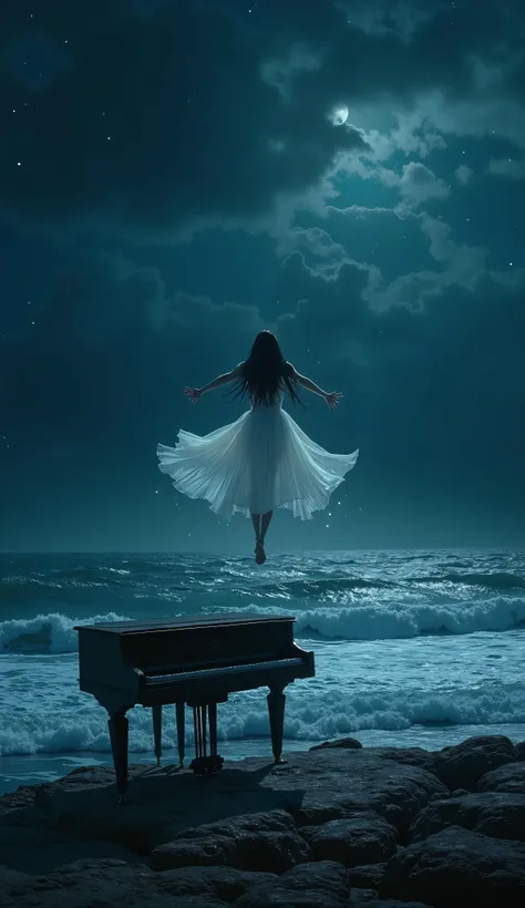 A dark fantasy night scene viewed from the shoreline, depicting a vast, stormy sea with rolling waves under a deep blue, infinite sky. The darkness is profound, but faint silver stars pierce through the shadows, scattered in different intensities—some bare...