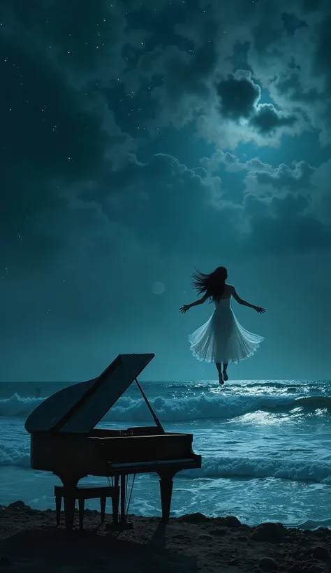 A dark fantasy night scene viewed from the shoreline, depicting a vast, stormy sea with rolling waves under a deep blue, infinite sky. The darkness is profound, but faint silver stars pierce through the shadows, scattered in different intensities—some bare...