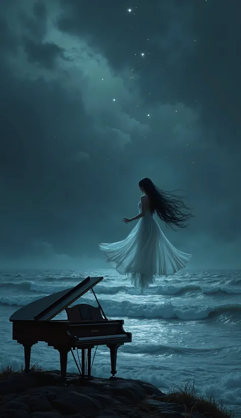 An hyper-realistic dark fantasy night scene viewed from the shoreline, depicting a vast, stormy sea with rolling waves under a deep, infinite sky. The darkness is profound, but faint silver stars pierce through the shadows, scattered in different intensiti...