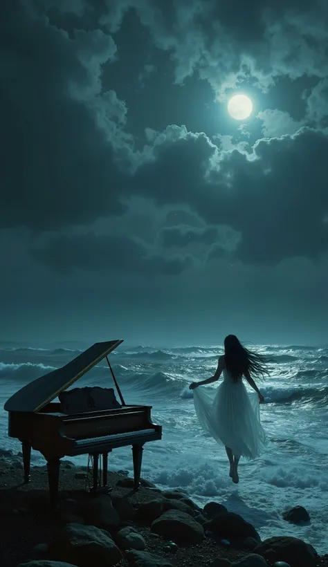 An hyper-realistic dark fantasy night scene viewed from the shoreline, depicting a vast, stormy sea with rolling waves under a deep, infinite sky. The darkness is profound, but faint silver stars pierce through the shadows, scattered in different intensiti...
