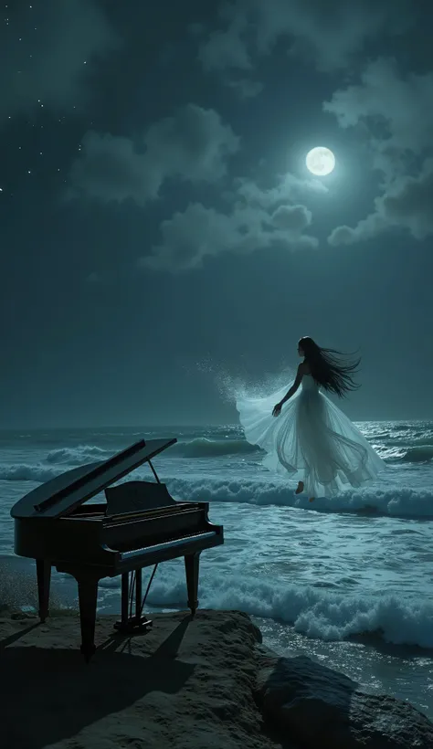 An hyper-realistic dark fantasy night scene viewed from the shoreline, depicting a vast, stormy sea with rolling waves under a deep, infinite sky. The darkness is profound, but faint silver stars pierce through the shadows, scattered in different intensiti...