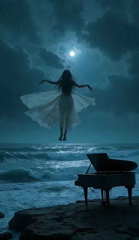 A dark fantasy night scene viewed from the shoreline, depicting a vast, stormy sea with rolling waves under a deep blue, infinite sky. The darkness is profound, but faint silver stars pierce through the shadows, scattered in different intensities—some bare...