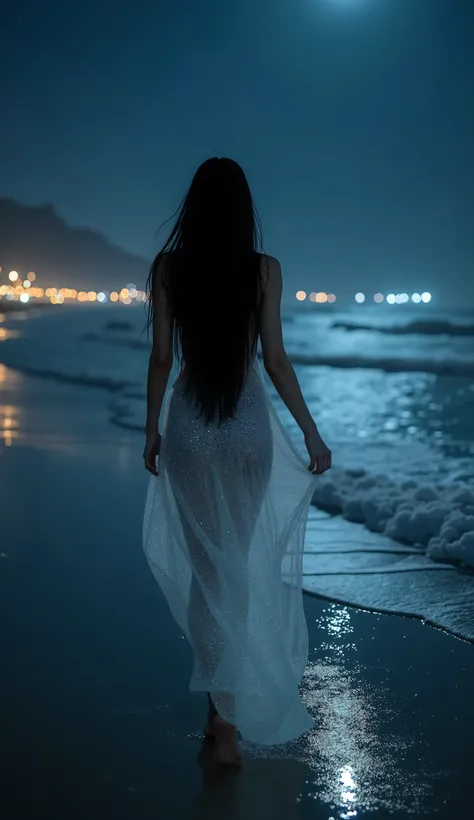 Night scene on a beach with a dark fantasy atmosphere, featuring a beautiful woman with long black hair, wearing a long, white, transparent, or silver dress that shimmers slightly in the dim light. The woman is gracefully moving through the scene, her figu...