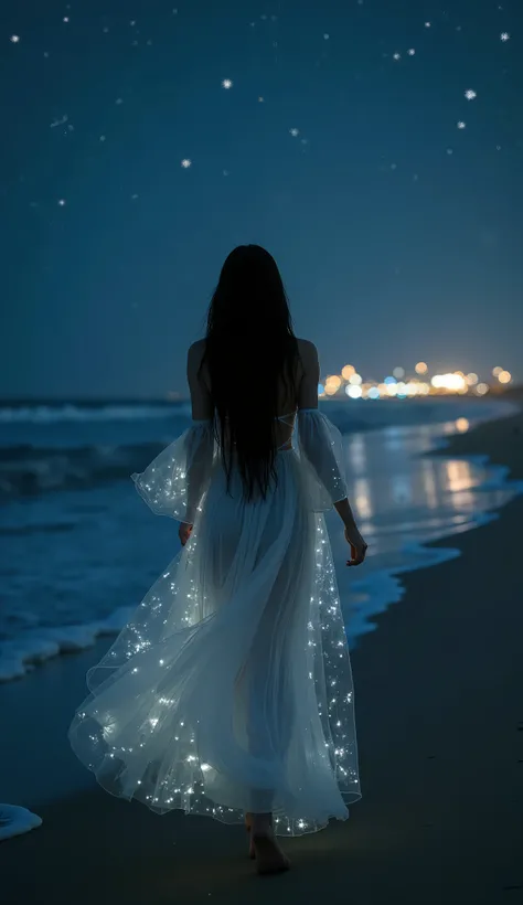 Night scene on a beach with a dark fantasy atmosphere, featuring a beautiful woman with long black hair, wearing a long, white, transparent, or silver dress that shimmers slightly in the dim light. The woman is gracefully moving through the scene, her figu...