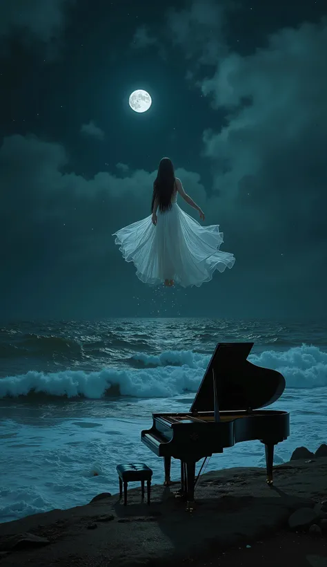 A dark fantasy night scene viewed from the shoreline, depicting a vast, restless sea with rolling waves under a deep black and midnight blue sky. Sparse clouds drift across the heavens, partially veiling faint, distant stars. In the foreground, a weathered...