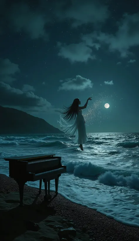 A dark fantasy night scene viewed from the shoreline, depicting a vast, restless sea with rolling waves under a deep black and midnight blue sky. Sparse clouds drift across the heavens, partially veiling faint, distant stars. In the foreground, a weathered...