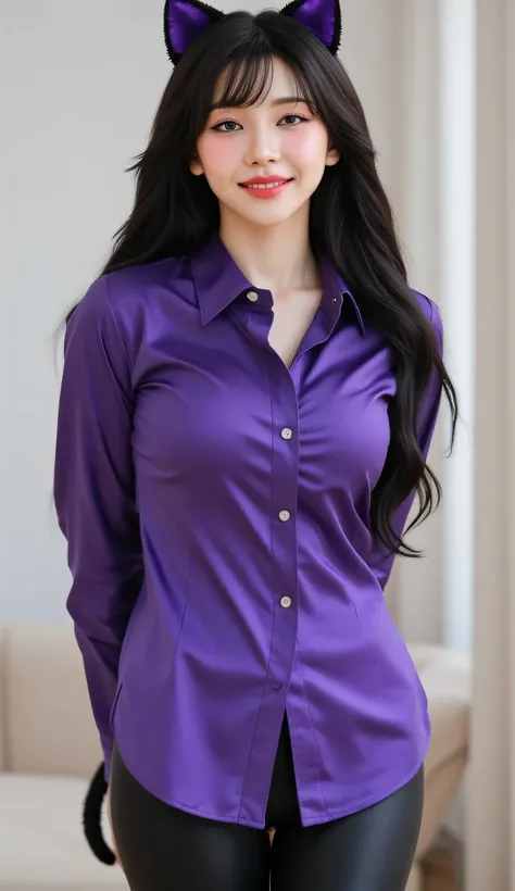 a woman, berpose doggystyle, shirt looks full body,  body facing the camera , eyes looking at camera , wearing purple satin material muslim shirt, black satin material leggings, big , thick red lips, seductive smiley face,  slim waist, black bangs, using a...