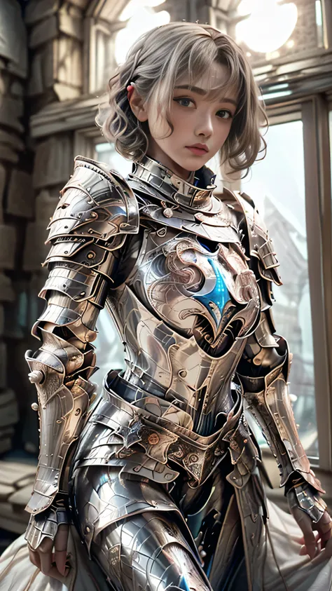 ((eye contact:1)), a single female knight, (expressionless with closed mouth and slight blush:1, glossy and shiny hair:1.6), ((vivid and beautiful light blue hair:1.0)), ((translucent and radiant pale blue hair:1.2)), ((short bob hairstyle:1.6)), (bouncy c...