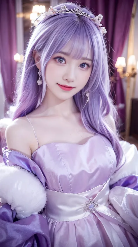 beautiful little princess woman, pale pink hair , Beautiful Eyes, Smile, actual , Full HD, very nice dress ,milky white fluffy dress , Curved Body,Magnificent view , gorgeous decoration ,purple cloth bundle