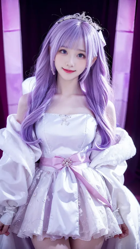 beautiful little princess woman, pale pink hair , Beautiful Eyes, Smile, actual , Full HD, very nice dress ,milky white fluffy dress , Curved Body,Magnificent view , gorgeous decoration ,purple cloth bundle