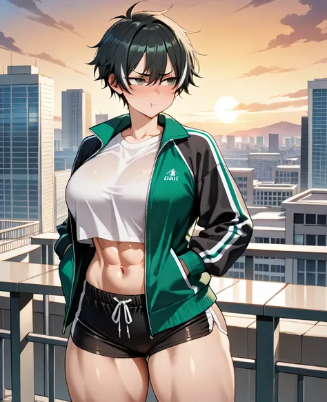 Woman, tomboy, black hair with white tips, beautiful, tomboy hair, tall height, curvy thighs, grey-green eyes, wavy hair, hair between eyes, toned hips, thin waists, toned ass, big breasts, athletic, abs, detailed eyes, detailed face, detailed body, adult,...