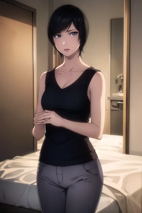 takadakiyomi, takada kiyomi, short hair, black hair, (black eyes:1.3), lipstick,
BREAK shirt, sleeveless, pants, sleeveless shirt, collarbone, Goth Girl, Shy and hot, dark makeup, dark clothes
BREAK indoors,
BREAK looking at viewer, (cowboy shot:1.5),
BREA...