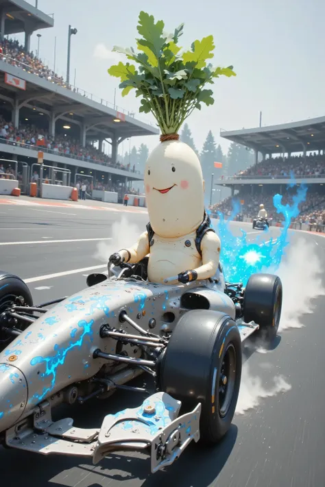 A vivid, high-quality Formula 1 image captured with a Leica SL2-S, emphasizing cinematic detail and pristine resolution. A metallic F1 car races across the track, its silver body shimmering with intricate blue flame designs that dance along its contours, e...