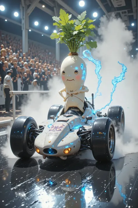 An ultra-realistic, maximum-resolution F1 race scene shot with a Fujifilm GFX 100S, delivering unparalleled detail and texture. A Formula 1 car with a lustrous metallic body rockets down a wet racetrack, its surface etched with striking blue flame motifs t...