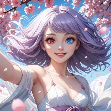 Best quality, 8K, Best quality, ((She holds back her hair blowing in the wind with one hand)), ((Cherry blossom petals are falling)), ((Odd-eyed high school girl)), ((Heterochromia, red eyes, blue eyes)), ((Sparkling, delicate eyes)), (Very precise eyes), ...