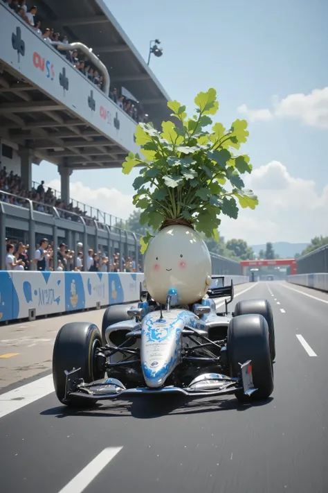 A vivid, high-quality Formula 1 image captured with a Leica SL2-S, emphasizing cinematic detail and pristine resolution. A metallic F1 car races across the track, its silver body shimmering with intricate blue flame designs that dance along its contours, e...