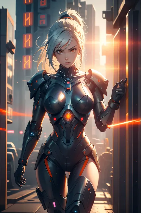 1girl, a beautiful cyborg cyberpunk girl carrying a fantasy weapon, in an aesthetic pose, half mecha outfit, half human skin, wide angle, oil shiny, ponytail, white hair, white orange black machine outfit color combination, the body have of machine, realis...