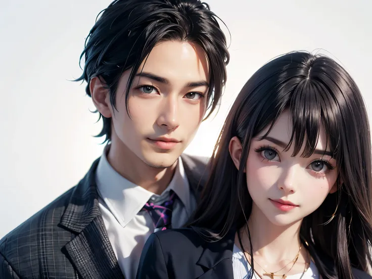 smile 真ん中に若いハンサムな大peopleの男性が1people々 横に大peopleの女性が1people々one by one is putting her hand on the woman's shoulder Wearing a suit have a pure white background